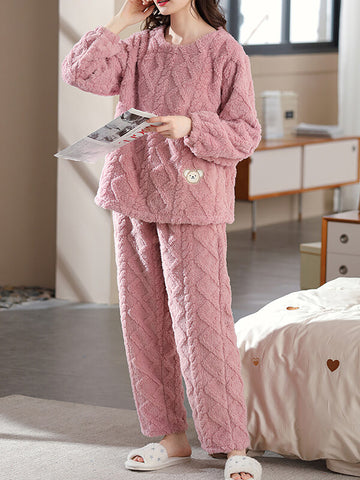 Airchics ensemble de pyjama unicolore flanelle col rond manches longues femme décontracté